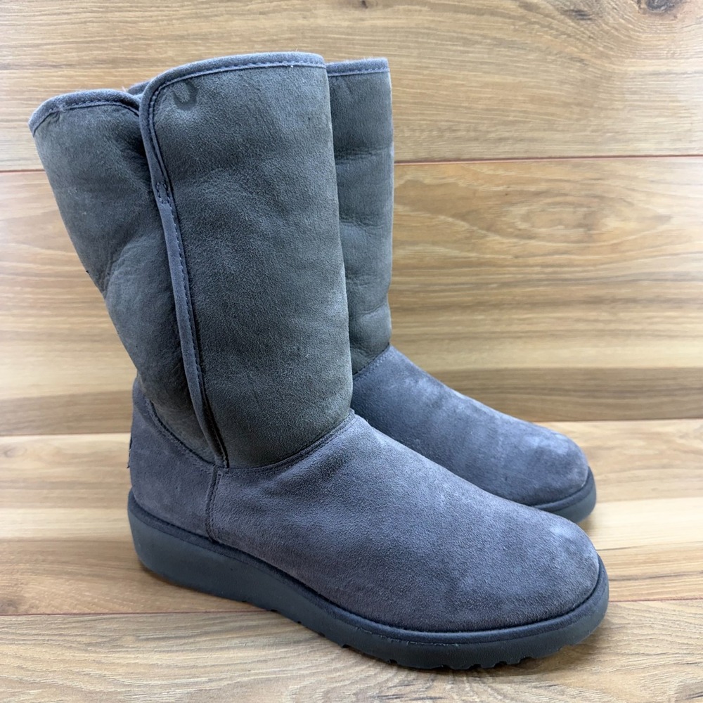 UGG Amie Womens Boots‎ 7 Gray Suede Mid Slip On Shearling Fur Lined